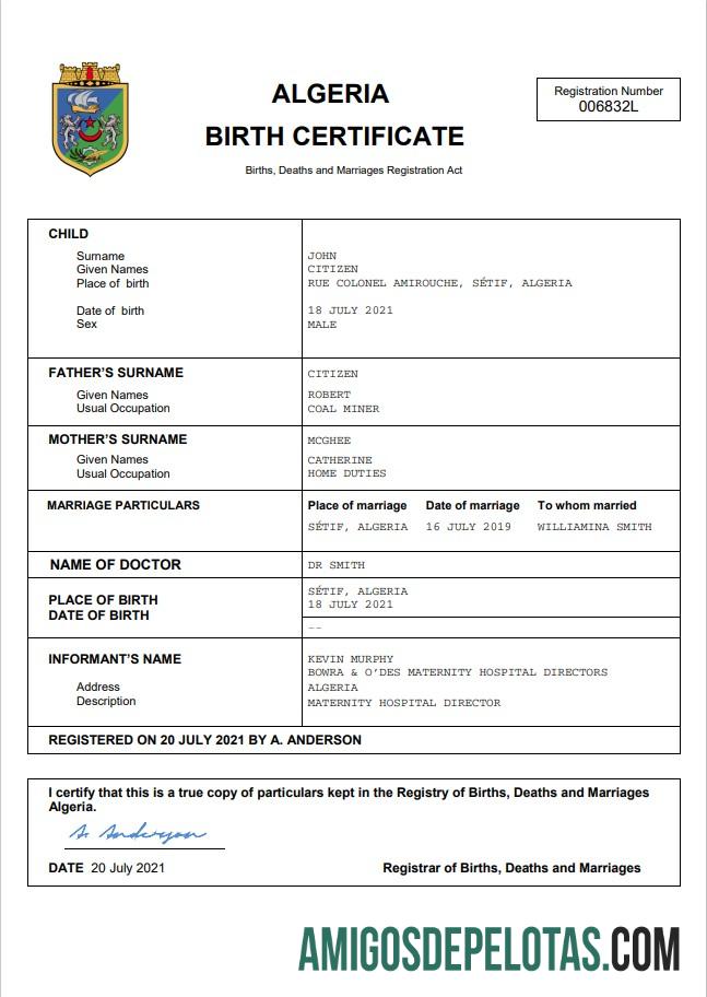 Palavra da certidão de nascimento do registro vital da Argélia amostra